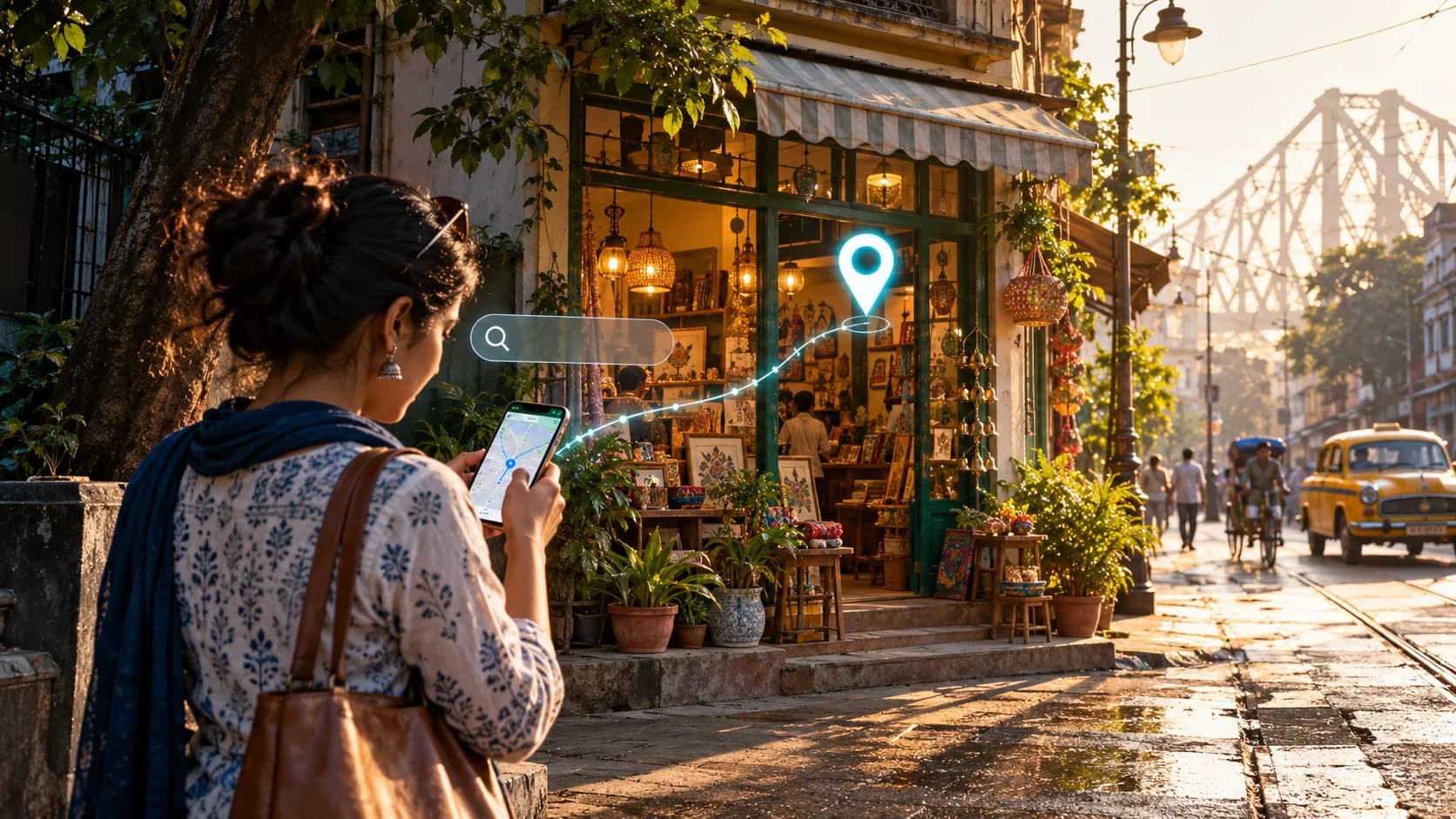 Editorial illustration of a customer using a phone map near a Kolkata storefront