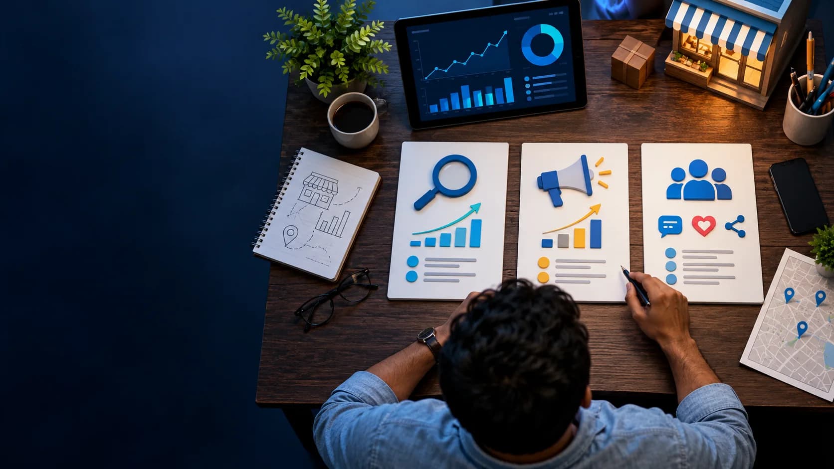 Editorial illustration of a business owner comparing search, advertising, and social media