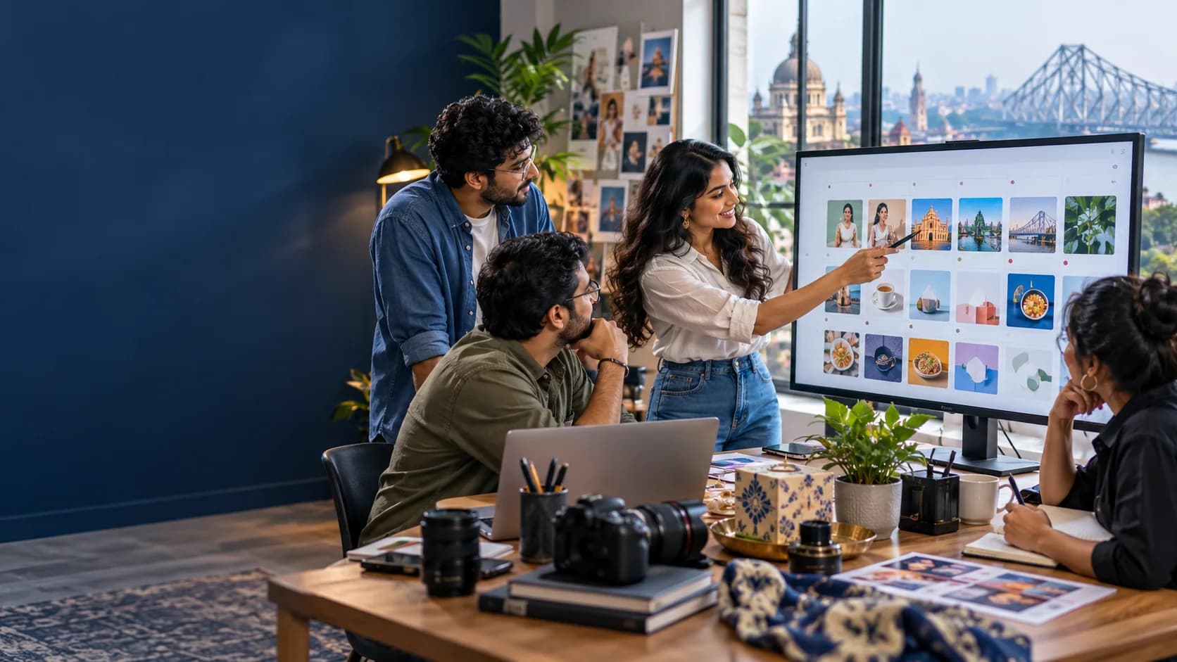 Editorial illustration of a creative team planning social media content in Kolkata