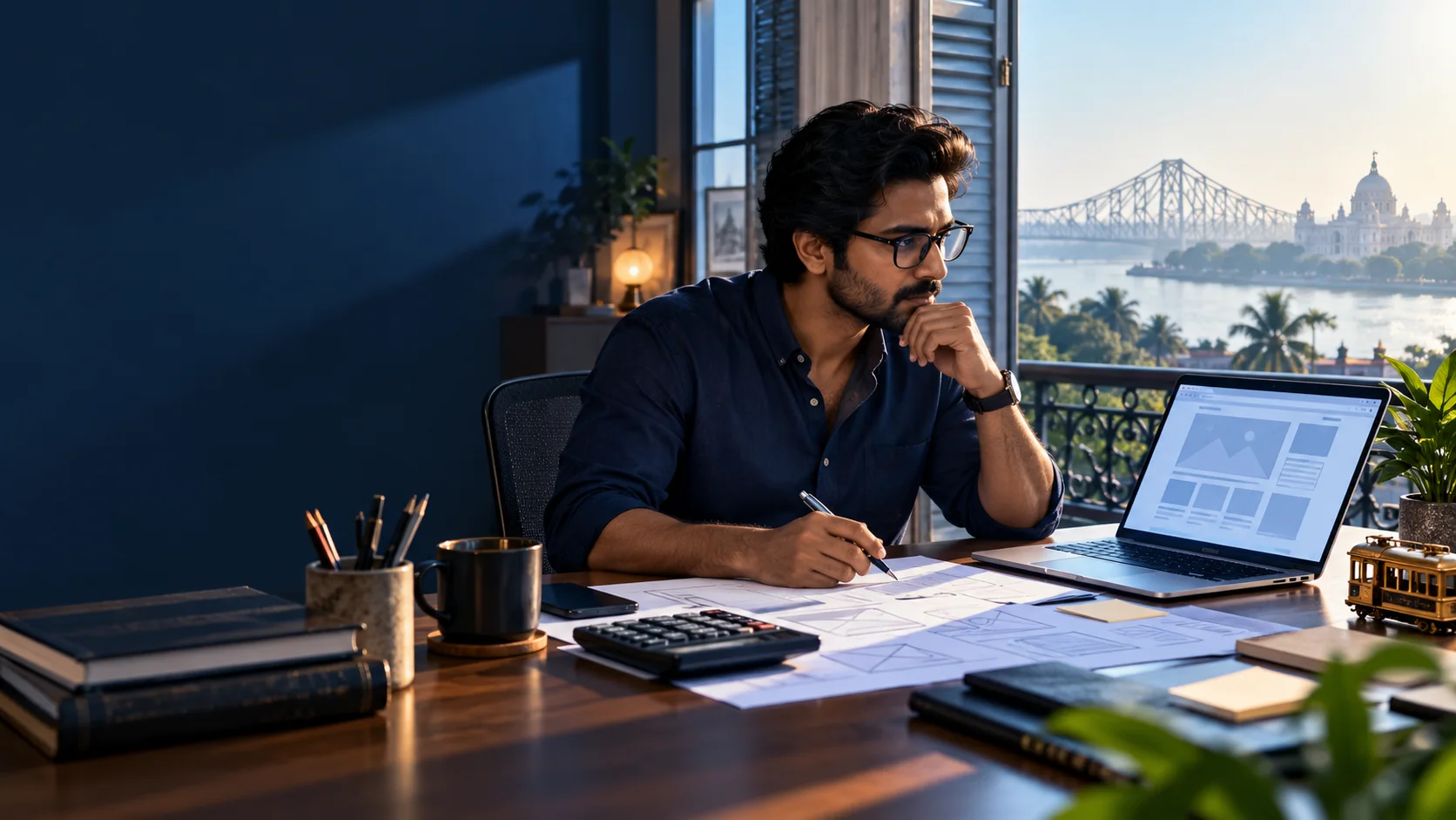 Editorial illustration of a business owner planning website pages and budget in Kolkata