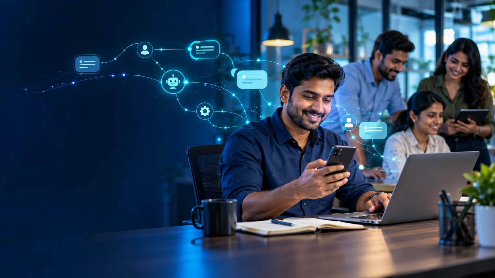Editorial illustration of a small business team using connected messaging workflows